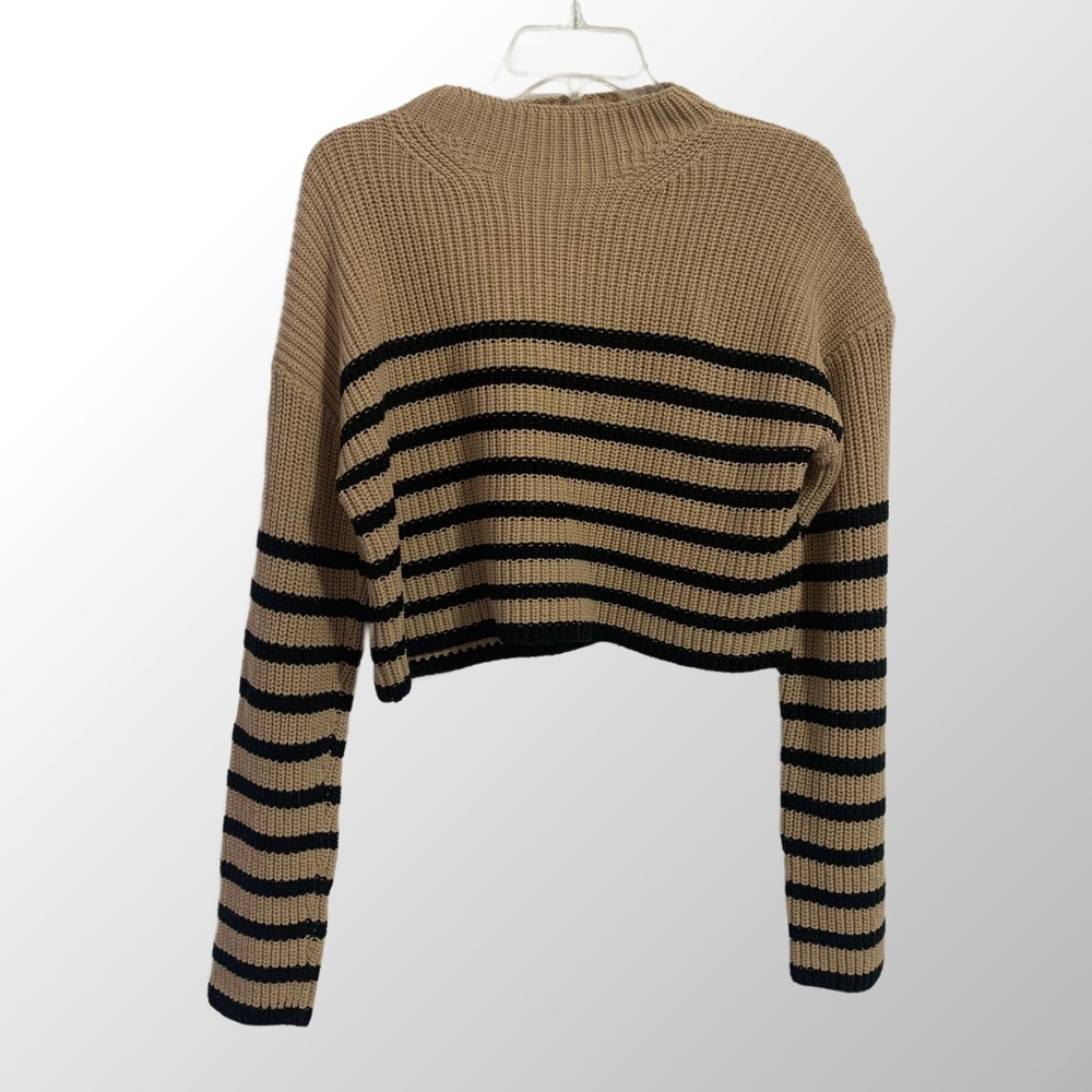 Miou‎ Muse Womens Cropped Cable Knit Sweater Size Medium Stripes Black Tan